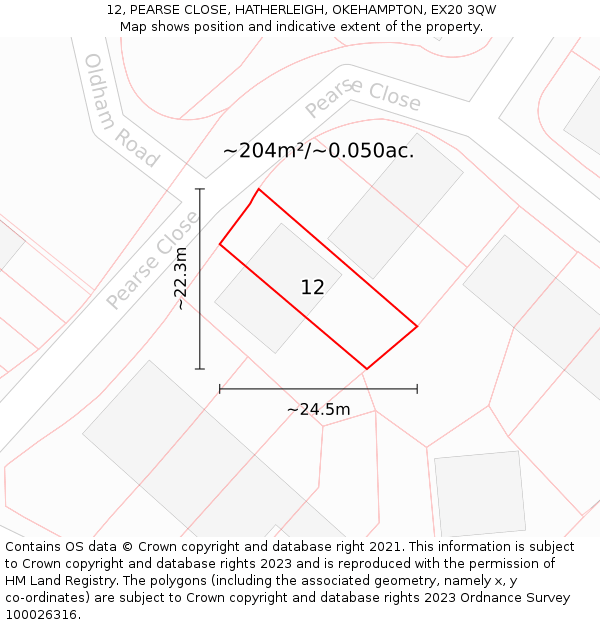 12, PEARSE CLOSE, HATHERLEIGH, OKEHAMPTON, EX20 3QW: Plot and title map