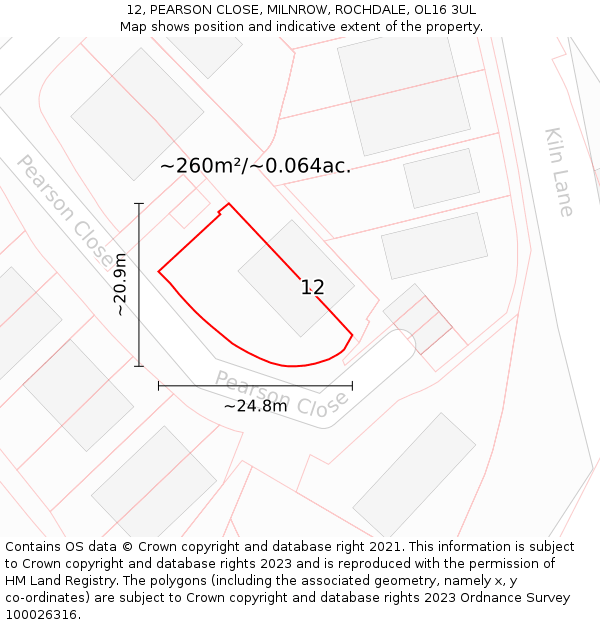 12, PEARSON CLOSE, MILNROW, ROCHDALE, OL16 3UL: Plot and title map