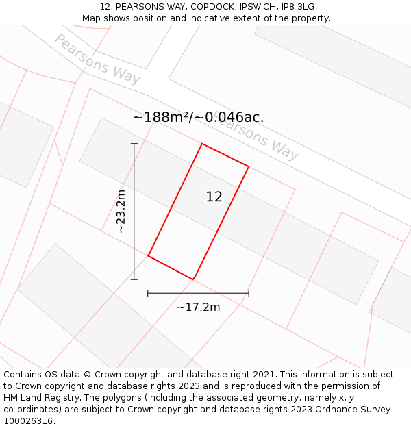 12, PEARSONS WAY, COPDOCK, IPSWICH, IP8 3LG: Plot and title map