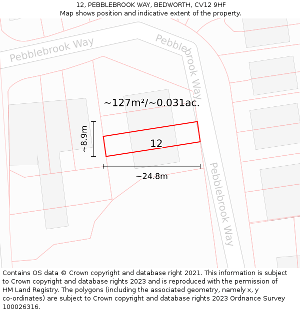 12, PEBBLEBROOK WAY, BEDWORTH, CV12 9HF: Plot and title map