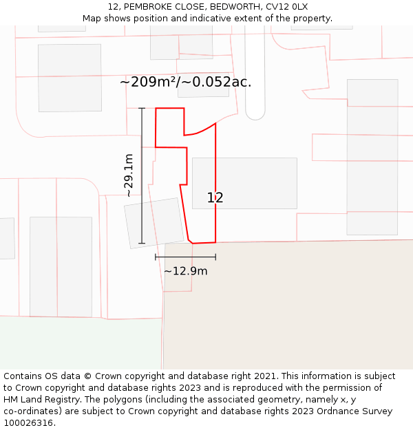 12, PEMBROKE CLOSE, BEDWORTH, CV12 0LX: Plot and title map