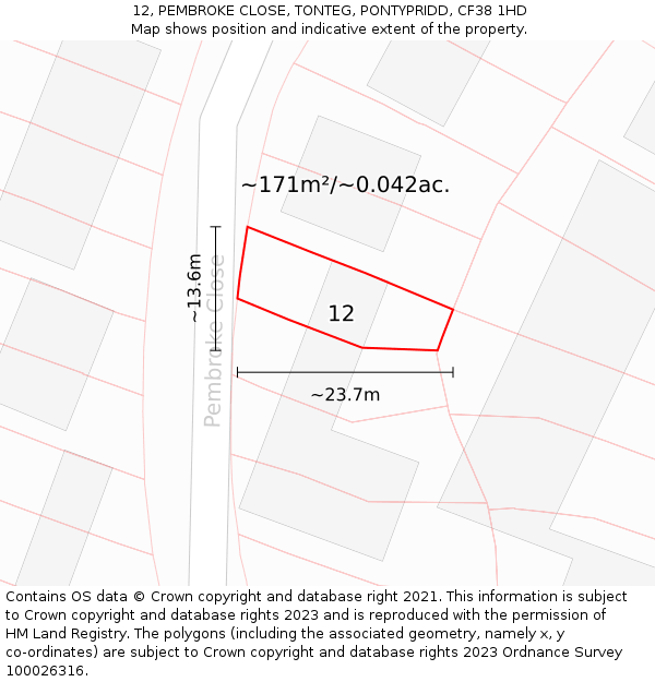 12, PEMBROKE CLOSE, TONTEG, PONTYPRIDD, CF38 1HD: Plot and title map