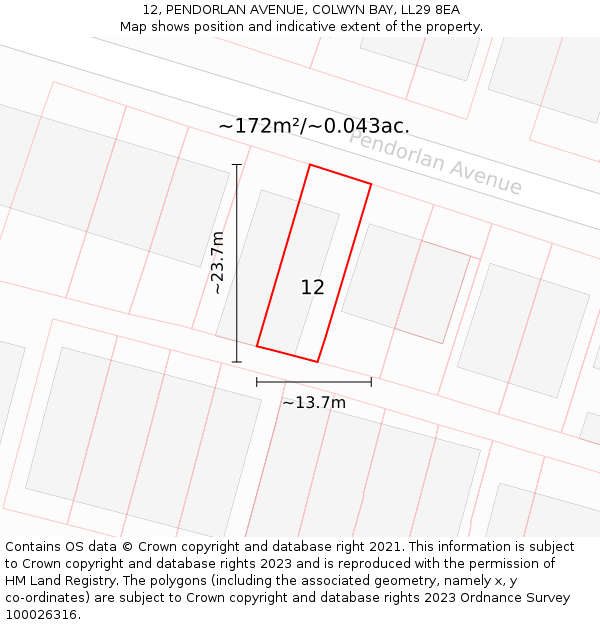 12, PENDORLAN AVENUE, COLWYN BAY, LL29 8EA: Plot and title map