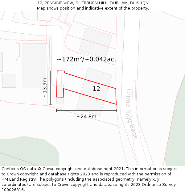 12, PENNINE VIEW, SHERBURN HILL, DURHAM, DH6 1QN: Plot and title map