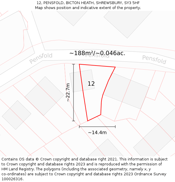 12, PENSFOLD, BICTON HEATH, SHREWSBURY, SY3 5HF: Plot and title map
