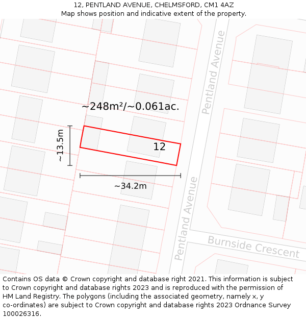 12, PENTLAND AVENUE, CHELMSFORD, CM1 4AZ: Plot and title map