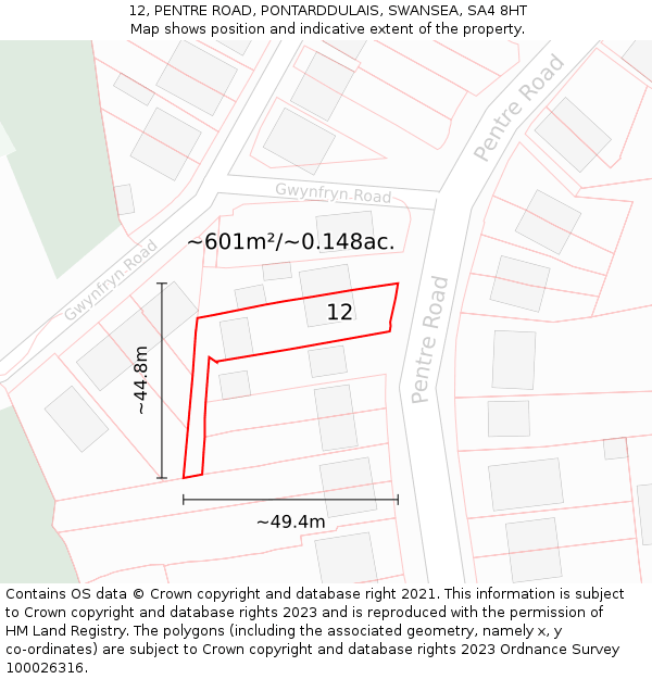 12, PENTRE ROAD, PONTARDDULAIS, SWANSEA, SA4 8HT: Plot and title map