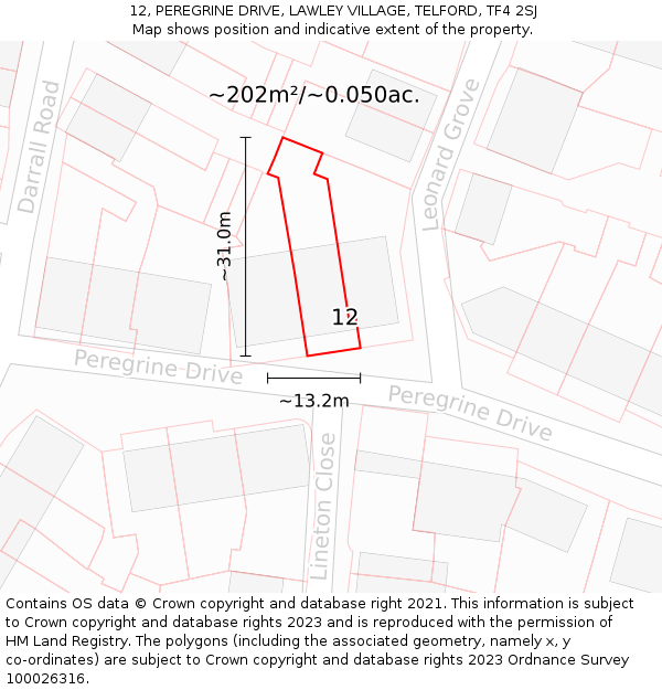 12, PEREGRINE DRIVE, LAWLEY VILLAGE, TELFORD, TF4 2SJ: Plot and title map