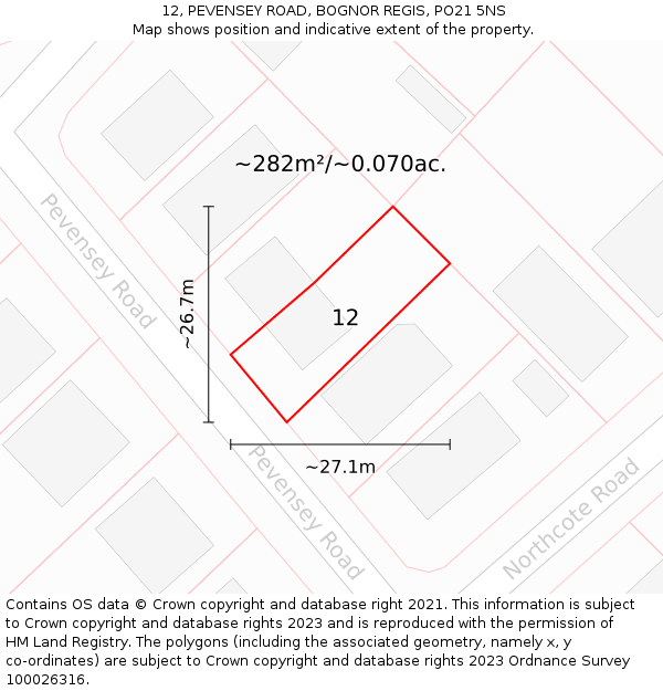 12, PEVENSEY ROAD, BOGNOR REGIS, PO21 5NS: Plot and title map