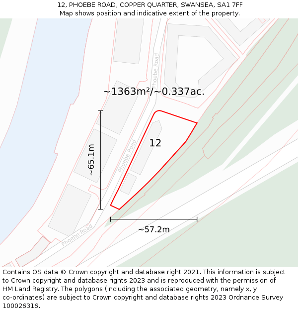 12, PHOEBE ROAD, COPPER QUARTER, SWANSEA, SA1 7FF: Plot and title map