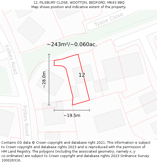 12, PILSBURY CLOSE, WOOTTON, BEDFORD, MK43 9BQ: Plot and title map