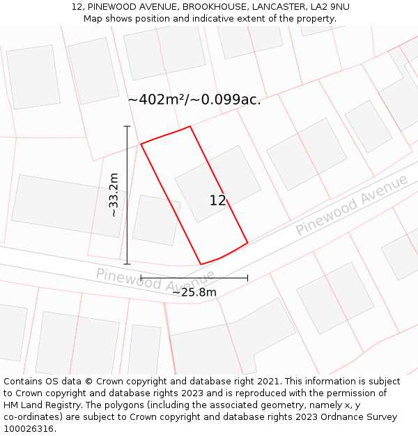 12, PINEWOOD AVENUE, BROOKHOUSE, LANCASTER, LA2 9NU: Plot and title map