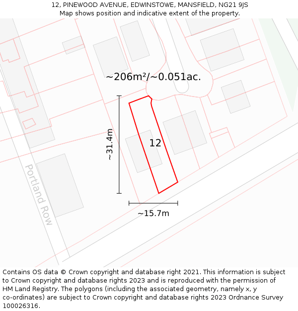 12, PINEWOOD AVENUE, EDWINSTOWE, MANSFIELD, NG21 9JS: Plot and title map