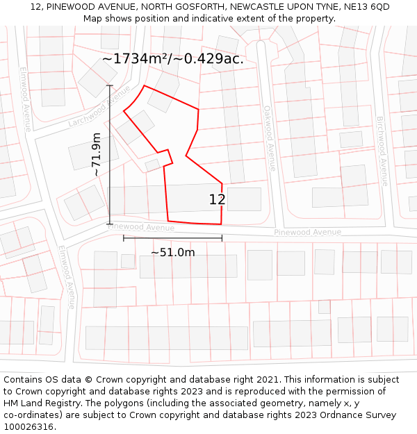 12, PINEWOOD AVENUE, NORTH GOSFORTH, NEWCASTLE UPON TYNE, NE13 6QD: Plot and title map