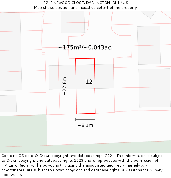 12, PINEWOOD CLOSE, DARLINGTON, DL1 4US: Plot and title map