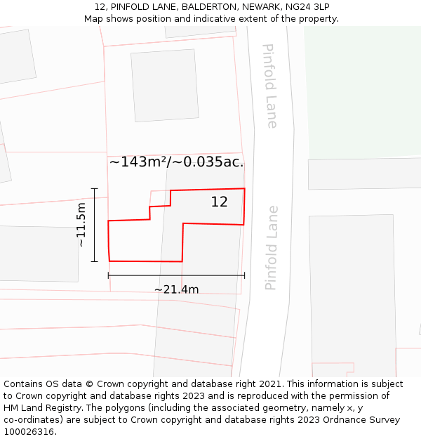 12, PINFOLD LANE, BALDERTON, NEWARK, NG24 3LP: Plot and title map