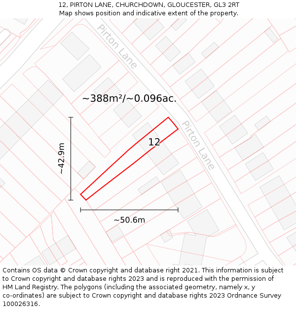 12, PIRTON LANE, CHURCHDOWN, GLOUCESTER, GL3 2RT: Plot and title map