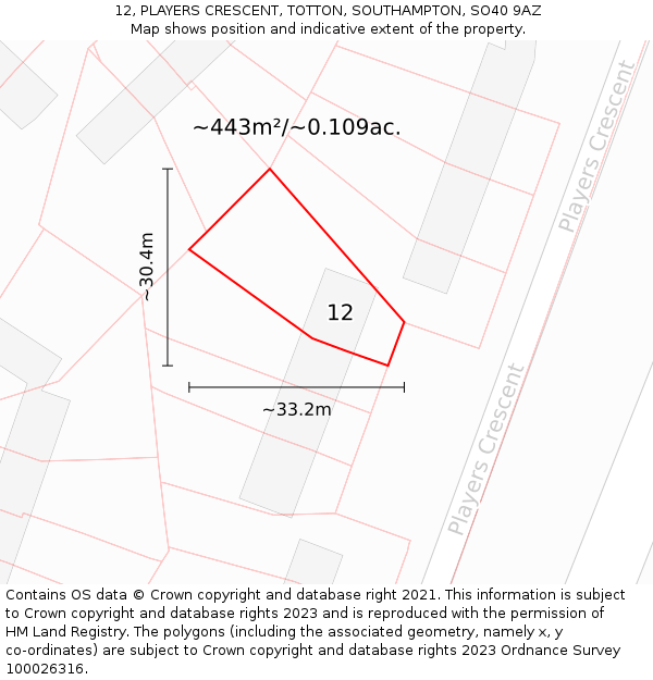 12, PLAYERS CRESCENT, TOTTON, SOUTHAMPTON, SO40 9AZ: Plot and title map