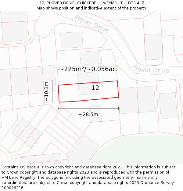 12, PLOVER DRIVE, CHICKERELL, WEYMOUTH, DT3 4LZ: Plot and title map