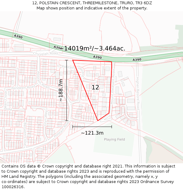 12, POLSTAIN CRESCENT, THREEMILESTONE, TRURO, TR3 6DZ: Plot and title map