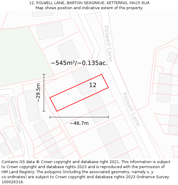 12, POLWELL LANE, BARTON SEAGRAVE, KETTERING, NN15 6UA: Plot and title map