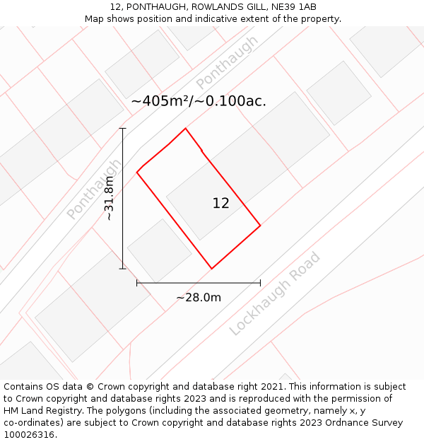 12, PONTHAUGH, ROWLANDS GILL, NE39 1AB: Plot and title map