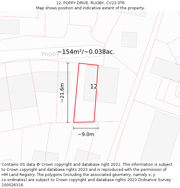 12, POPPY DRIVE, RUGBY, CV23 0TR: Plot and title map