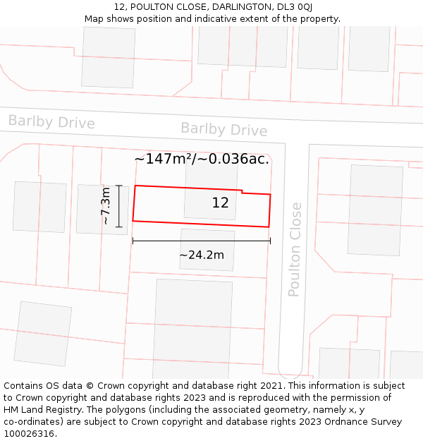 12, POULTON CLOSE, DARLINGTON, DL3 0QJ: Plot and title map