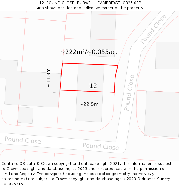 12, POUND CLOSE, BURWELL, CAMBRIDGE, CB25 0EP: Plot and title map