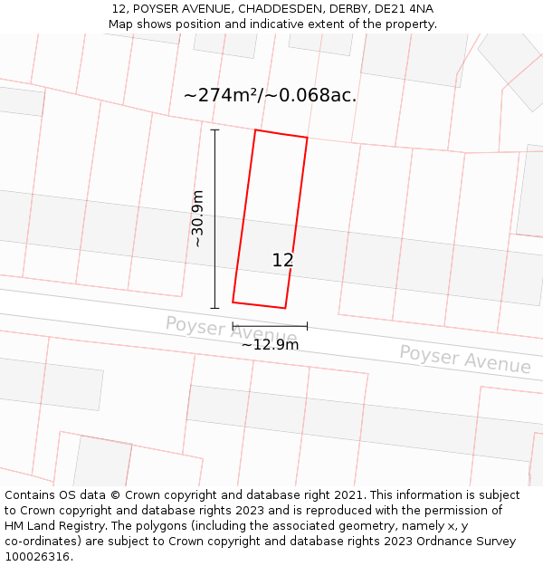 12, POYSER AVENUE, CHADDESDEN, DERBY, DE21 4NA: Plot and title map