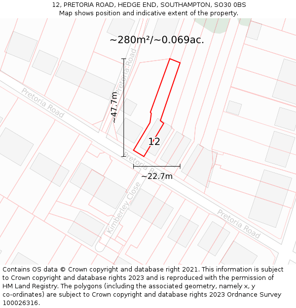 12, PRETORIA ROAD, HEDGE END, SOUTHAMPTON, SO30 0BS: Plot and title map