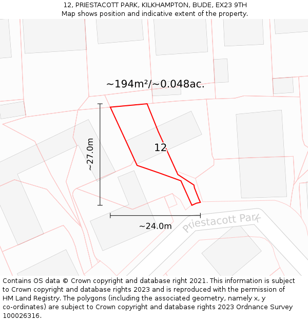 12, PRIESTACOTT PARK, KILKHAMPTON, BUDE, EX23 9TH: Plot and title map