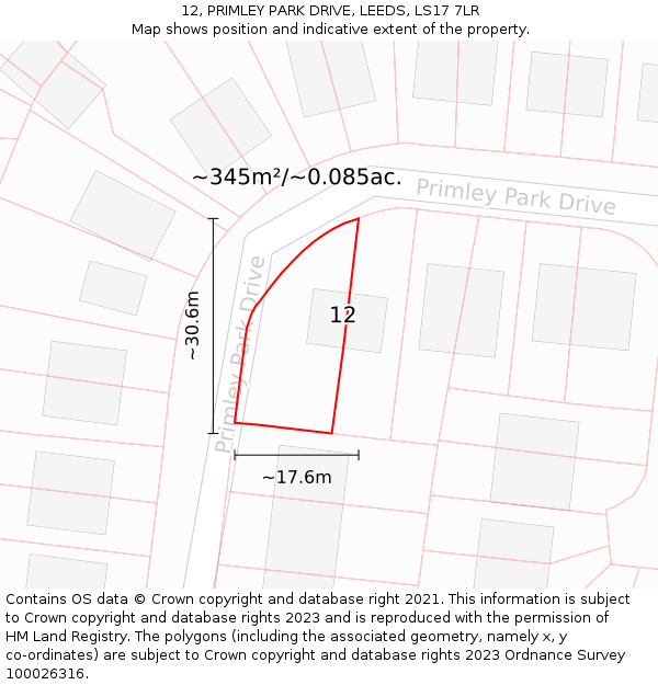 12, PRIMLEY PARK DRIVE, LEEDS, LS17 7LR: Plot and title map