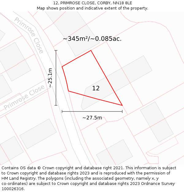 12, PRIMROSE CLOSE, CORBY, NN18 8LE: Plot and title map