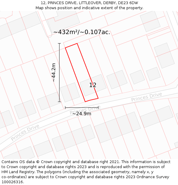 12, PRINCES DRIVE, LITTLEOVER, DERBY, DE23 6DW: Plot and title map