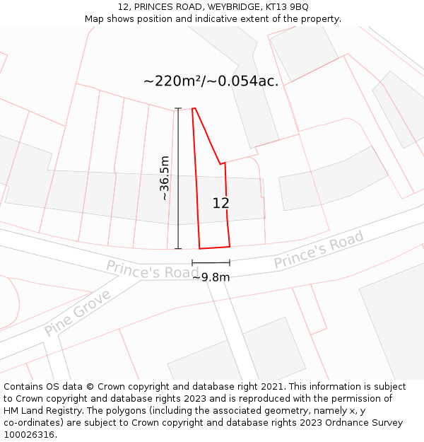 12, PRINCES ROAD, WEYBRIDGE, KT13 9BQ: Plot and title map