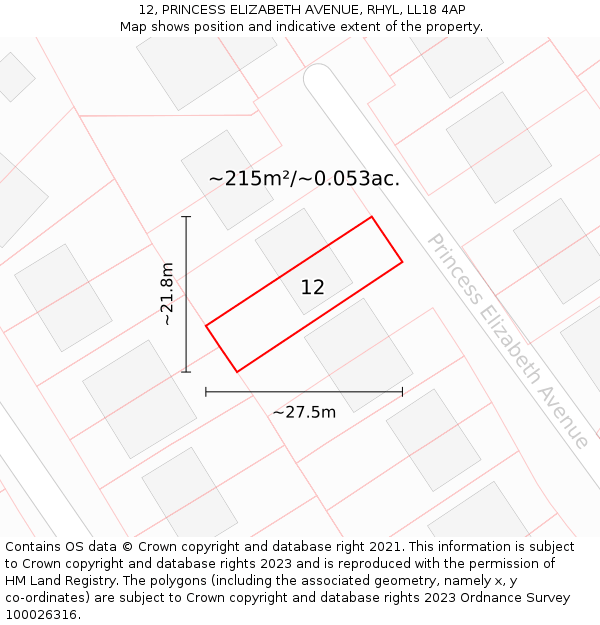 12, PRINCESS ELIZABETH AVENUE, RHYL, LL18 4AP: Plot and title map