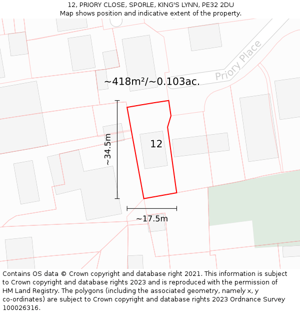 12, PRIORY CLOSE, SPORLE, KING'S LYNN, PE32 2DU: Plot and title map