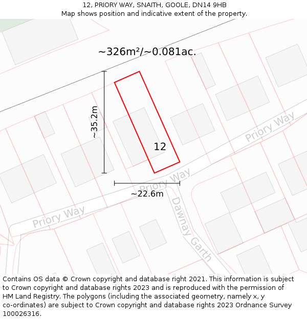 12, PRIORY WAY, SNAITH, GOOLE, DN14 9HB: Plot and title map