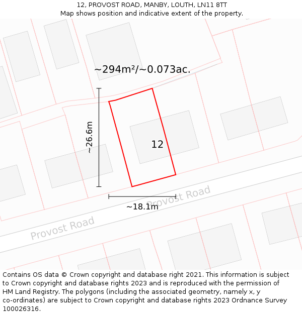 12, PROVOST ROAD, MANBY, LOUTH, LN11 8TT: Plot and title map