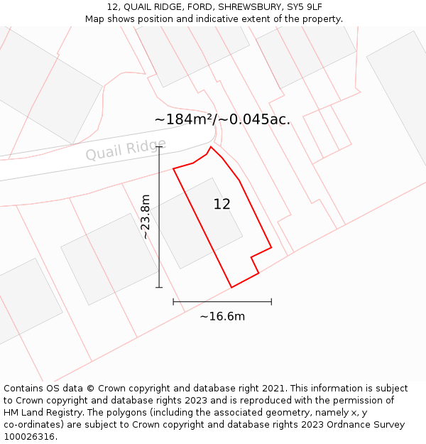 12, QUAIL RIDGE, FORD, SHREWSBURY, SY5 9LF: Plot and title map