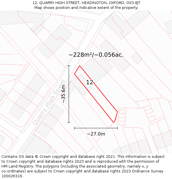 12, QUARRY HIGH STREET, HEADINGTON, OXFORD, OX3 8JT: Plot and title map