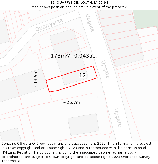 12, QUARRYSIDE, LOUTH, LN11 9JE: Plot and title map