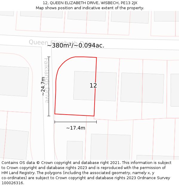 12, QUEEN ELIZABETH DRIVE, WISBECH, PE13 2JX: Plot and title map