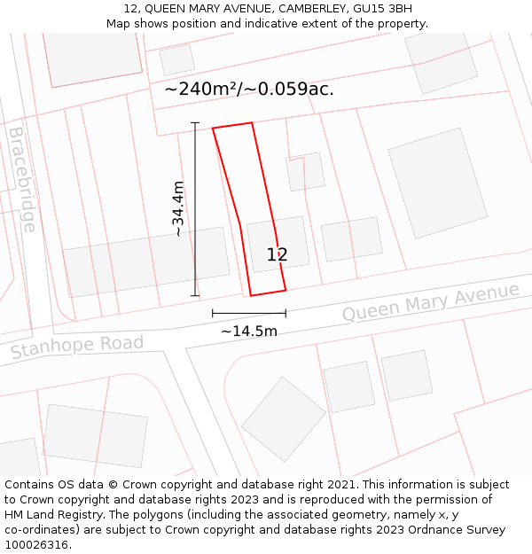 12, QUEEN MARY AVENUE, CAMBERLEY, GU15 3BH: Plot and title map