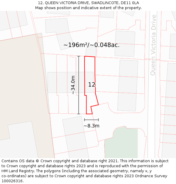 12, QUEEN VICTORIA DRIVE, SWADLINCOTE, DE11 0LA: Plot and title map