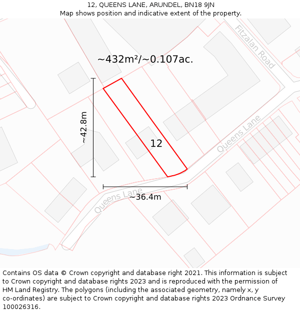 12, QUEENS LANE, ARUNDEL, BN18 9JN: Plot and title map