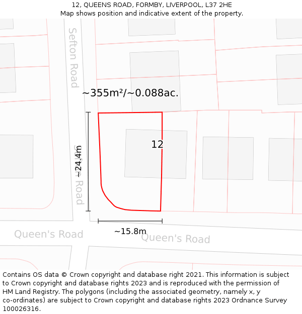 12, QUEENS ROAD, FORMBY, LIVERPOOL, L37 2HE: Plot and title map