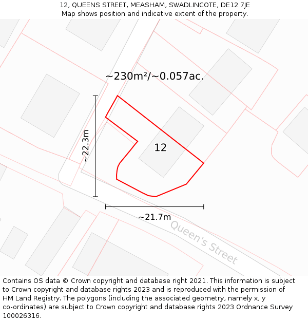 12, QUEENS STREET, MEASHAM, SWADLINCOTE, DE12 7JE: Plot and title map