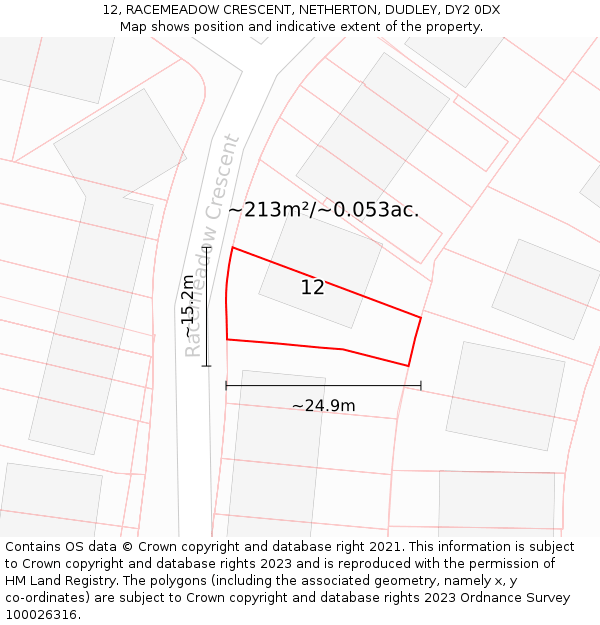 12, RACEMEADOW CRESCENT, NETHERTON, DUDLEY, DY2 0DX: Plot and title map